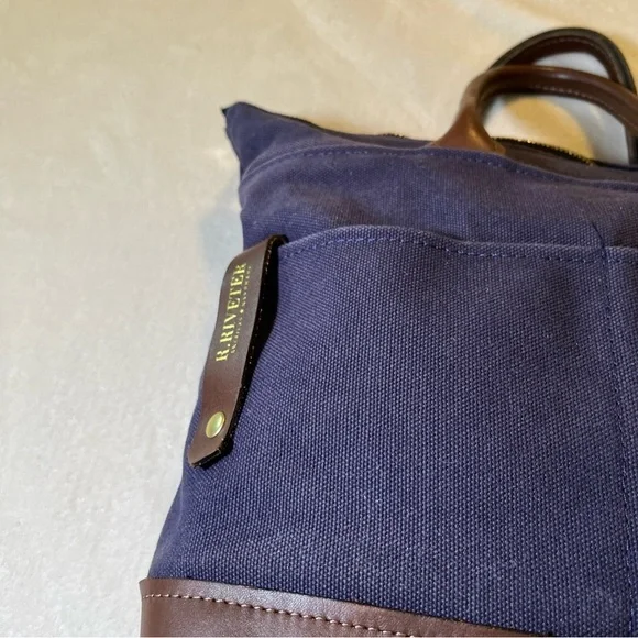 R. Riveter Navy Blue Carry All Canvas Leather Tote Bag Purse - Picture 4 of 9